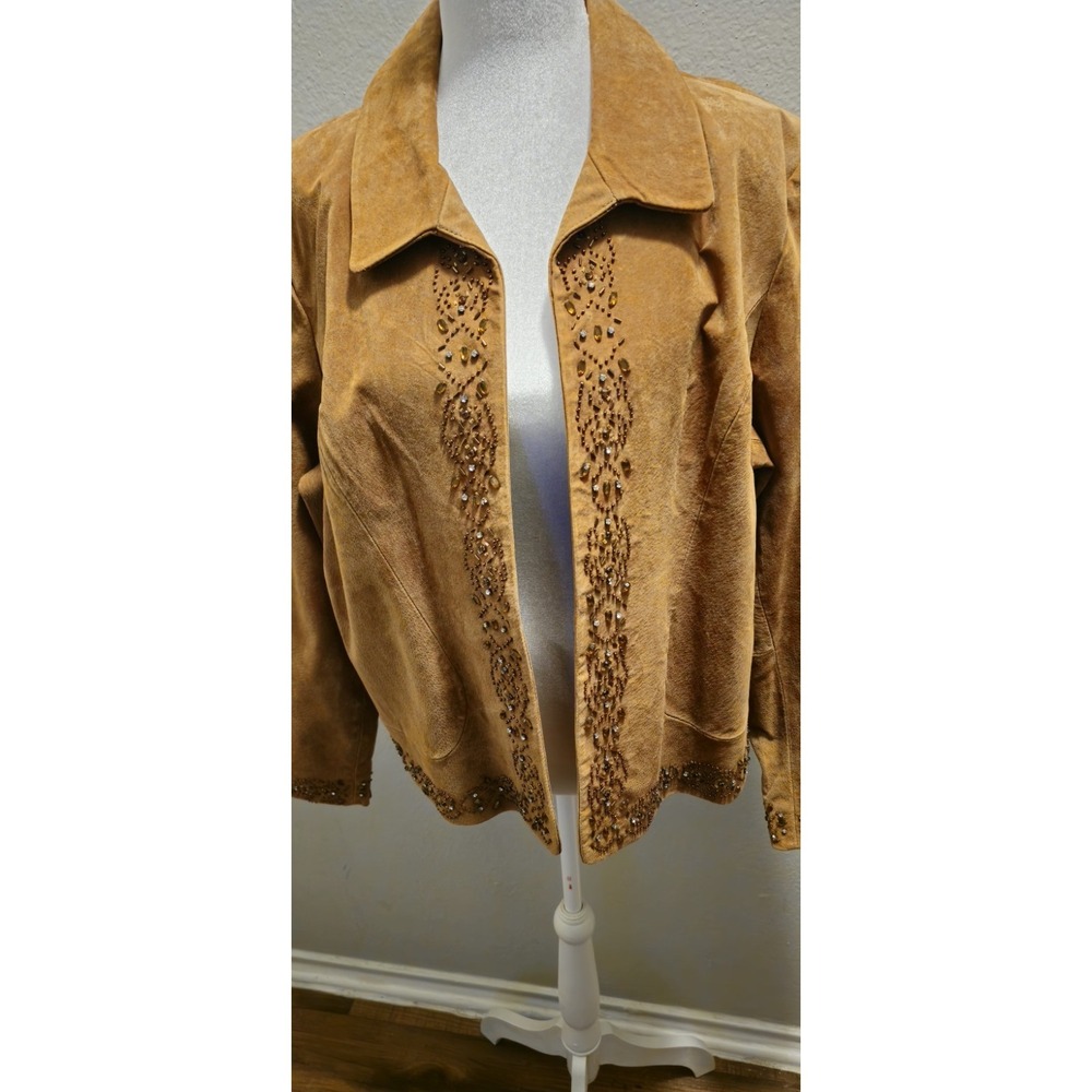 Coldwater Creek Suede Leather Jacket‎ Sz XL Brown Beaded Western Chic Preppy